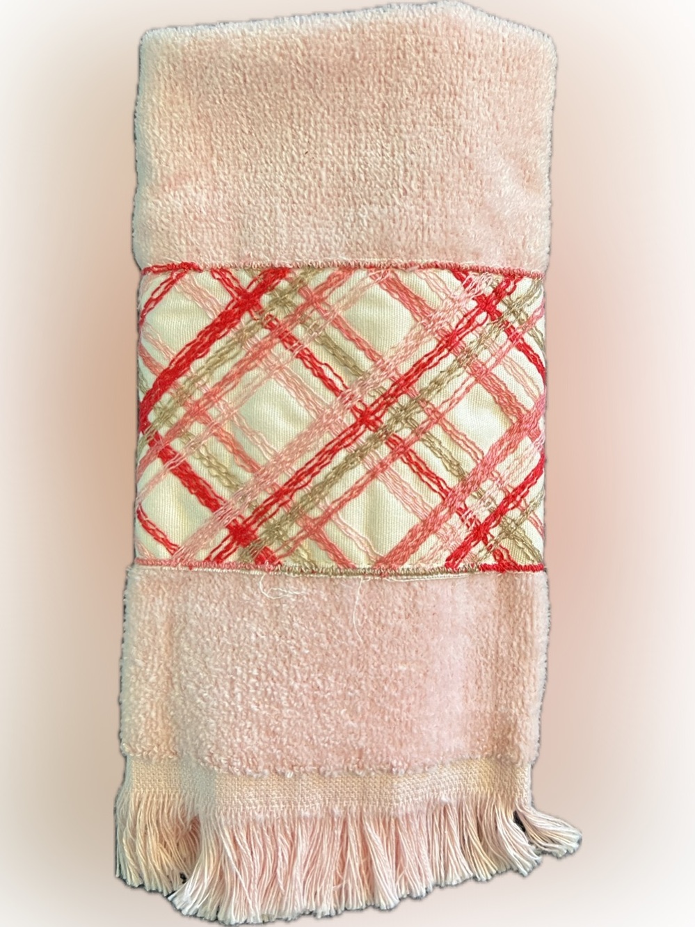💥NWOT Vintage Martex Finger Tip Towel Towel Cotton Embroidery Plaid Fringe